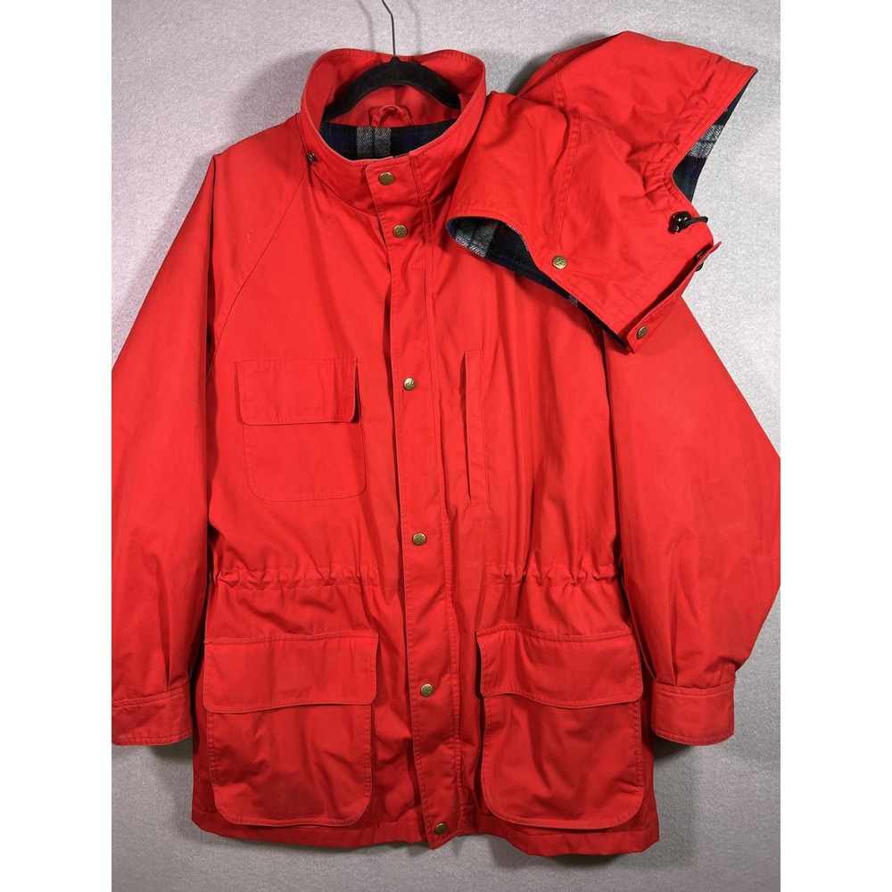 Vintage Eddie Bauer Coat Mens Large Red Parka Hooded Wool Plaid Lined Outdoor